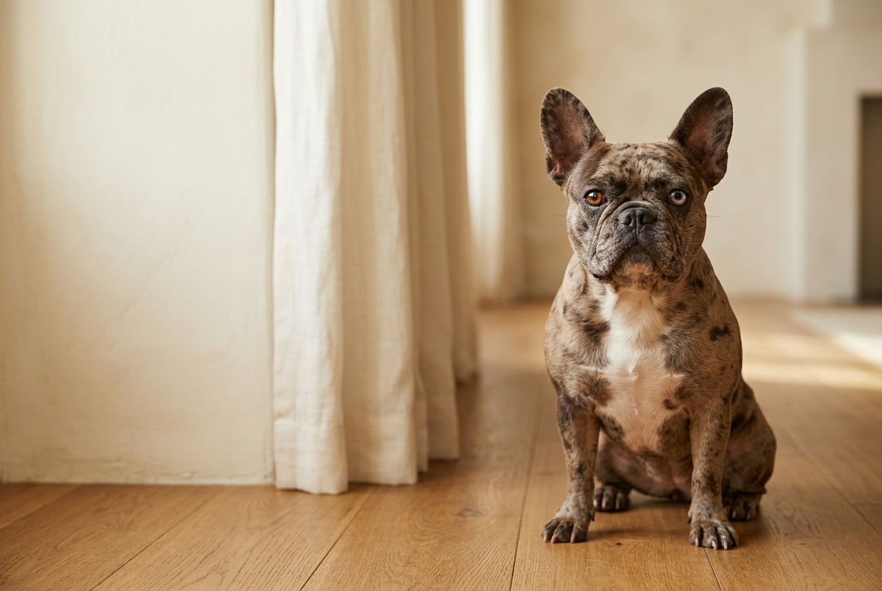 Rumi, a chocolate merle French Bulldog and the muse behind La Maison Frenchie