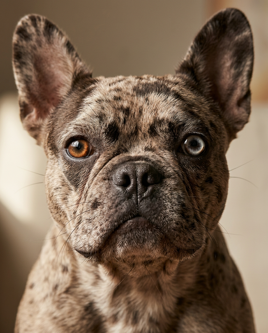 Rumi — expressive chocolate merle French Bulldog face detail