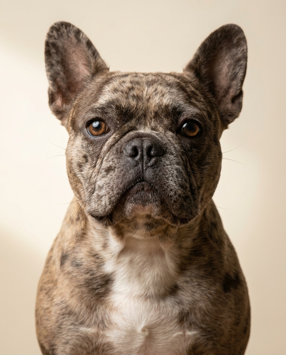 Portrait of Rumi, a chocolate merle female French Bulldog